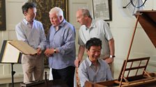 Paul Boucher (curator), Sean Rafferty and the Duke of Buccleuch with Melvyn Tan on Handel's harpsichord.