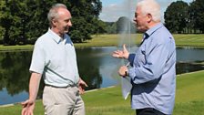 Duke of Buccleuch and Sean Rafferty beside the fountain in the grounds of Boughton House.