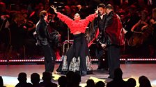 Karen Clifton and the male dancers dance at the Strictly Prom with conductor Gavin Sutherland and the 鶹ҳ Concert Orchestra