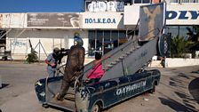 This stair car is at the disused Ellinikon International Airport, also used to house refugees