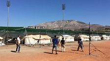 Refugees at Elliniko camp, a former Olympic venue from 2004