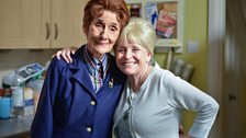 Peggy Mitchell (Barbara Windsor) with Dot Cotton (June Brown) behind the scenes of EastEnders in Barbara's final days filming.