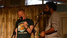 Rob Deering and Nish Kumar at the Machynlleth Bowling Club