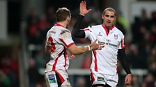 Darren Cave celebrates his second try with Ruan Pienaar