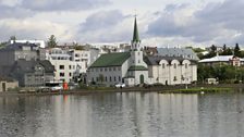 The view from the Tjarnarbio Theatre in Reykjavik