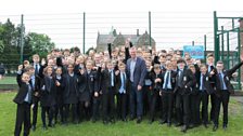 Michael with pupils from his old school St Louis’ Grammar School, Ballymena