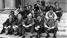 In July 1968, the Radio 1 DJs pose again on the steps of All Souls Church outside Broadcasting House