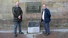 Dr David Hume and Roddy Hegarty at the memorial to the first King of Ireland, Brian Boru, at St Patrick's Cathedral, Armagh.