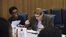 Adjoa Andoh (Bird Woman) watches Julian Rhind-Tutt (Grahame Coats) get into charactor