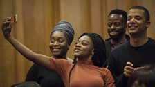 (L-R) Angela Wynter (Mrs Anansi), Danielle Vitalis (Carol), Clifford Samuel (Lion God) and Jacob Anderson (Charlie)