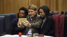 Julian Rhind-Tutt (Grahame Coats) takes a selfie in-between Adjoa Andoh (Bird Woman) and Pippa Bennett-Warner (Daisy)