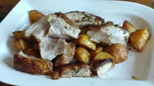 Belly pork and roast saffron potatoes