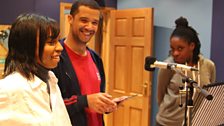 Pippa Bennett-Warner (Daisy), Jacob Anderson (Spider) and Ronke Adekoluejo (Monkey) before a take.