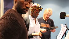 Nathan Stewart-Jarrett (Spider), Sheila Atim (Rosie) and Dirk Maggs (Script Adapter) prepare to go for a take