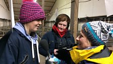 Vicky Morgan talking to Anna Hill in pig farrowing area