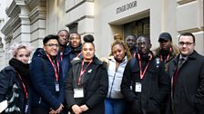 The students arrive at the Royal Opera House stage door