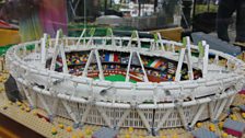 A close-up of view of the London 2012 Olympic stadium in Lego