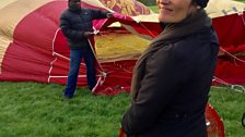 Poet Rebecca Tantony with poet Miles Chambers holding the balloon