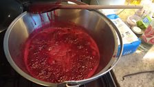 Kay's mixed berry jam nearly at setting point