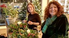 Tracy and Kim making Christmas Table Centerpieces