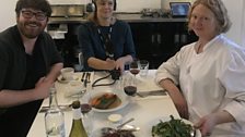 Presenter Dr John Gallagher, Chef Margo Henderson and producer Sara Jane Hall enjoying some tongue