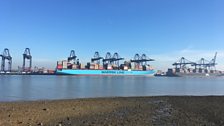 Looking from Shotley Spit towards container ship discharging in the Port of Felixstowe