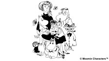 Finnish illustrator Tove Jansson in a self portrait with her Moomin characters