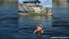 Tove Jansson swimming near her house on the tiny island of Klovharun in the Finnish archipelago