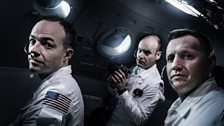 Michael Collins (Patrick Kennedy), Neil Armstrong (Rufus Wright) and Buzz Aldrin (Jack Tarlton) in the Command Service Module.