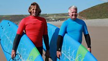 Derek with surf instructor Phil Saddler, Newgale Beach