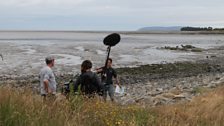 Director Sam Ryall and crew filming on the beach at Abergwyngreyn