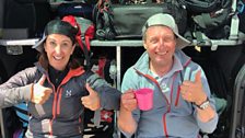 Sound woman Cheryl Jones and cameraman Aled Jenkins take a break during filming