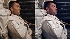 Fred Haise takes a nap. This before and after composite shows an unprocessed 16mm frame (L) and a multi-processed still (R).