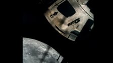 The Command Module, Odyssey, and the 'lost Moon' as seen from the Lunar Module, Aquarius.