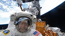 Astronaut Mike Massimino on Space Shuttle Atlantis as work continues to refurbish and upgrade the Hubble Space Telescope
