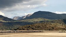 Barmouth Bridge and Snowdonia mountains