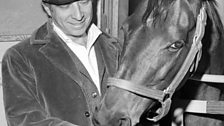 Elmer Bernstein in the stables with his first racehorse, Calgade, at Santa Anita, California (1964)