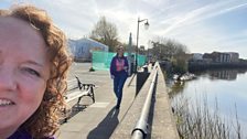 The girls rocking up for the start of today's programme....nice riverside view...