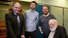 Exec Producer Mark Adair, Production Coordinator Damien McLaughlin and Producer Graeme Stewart with Michael Longley