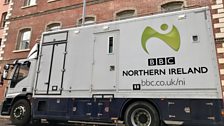 Sound recording vehicle outside the Ulster Hall, Belfast.