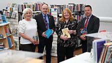 R-L: Hydebank Wood College librarian Deborah Martin, 鶹ҳ NI's Mark Adair, Minister Long and Governor Richard Taylor