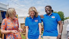Kate Bliss, Jo Caulfield and Stephen K Amos laughing while shopping for their items