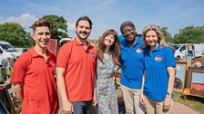 The red and blue teams of stand-up comedians with presenter Natasha Raskin Sharp