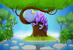 Comma Chameleon on a tree in front of a blue waterfall