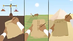 Image is split in three parts, showing weights, a cow and farmer working on a field and a pyramid. In each section, someone is writing on Hieroglyphics on papyrus.