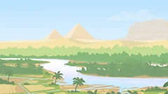 Animated image of the River Nile with trees and vegetation with the pyramids in the distance.