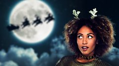 A young woman looking up at Santa's reindeer silhouetted against the moon