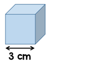 A cube with a base of 3 centimetres.