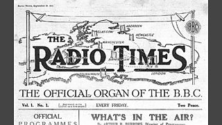 The cover of the first Radio Times - Radio Times is superimposed over a squashed map of the UK. Underneath it says 'The official organ of the BBC'.