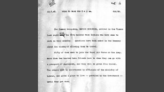 Typewritten script reading: "The former troopship Empire Windrush, arrived in the Thames last night with the five hundred West Indians who have come to work in this country. Questions have been asked in the Commons about the wisdom of letting them travel.